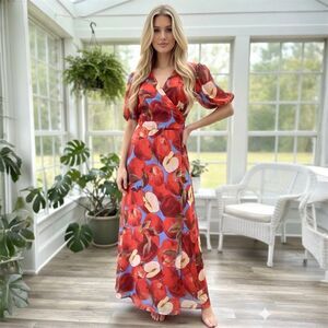 Handmade Apple Print Chiffon Wrap Maxi Dress Farmcore Cottagecore Teacher XL